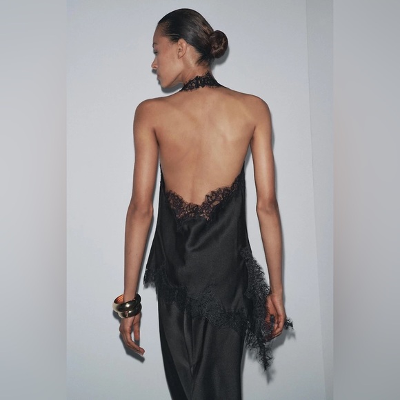 Zara elegant Black Satin Lace-Trim Halter Top - Picture 13 of 15